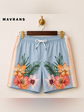 MAVRANS Tropical Floral Swim Trunks Men’s XL Blue Pink Beach Board Shorts